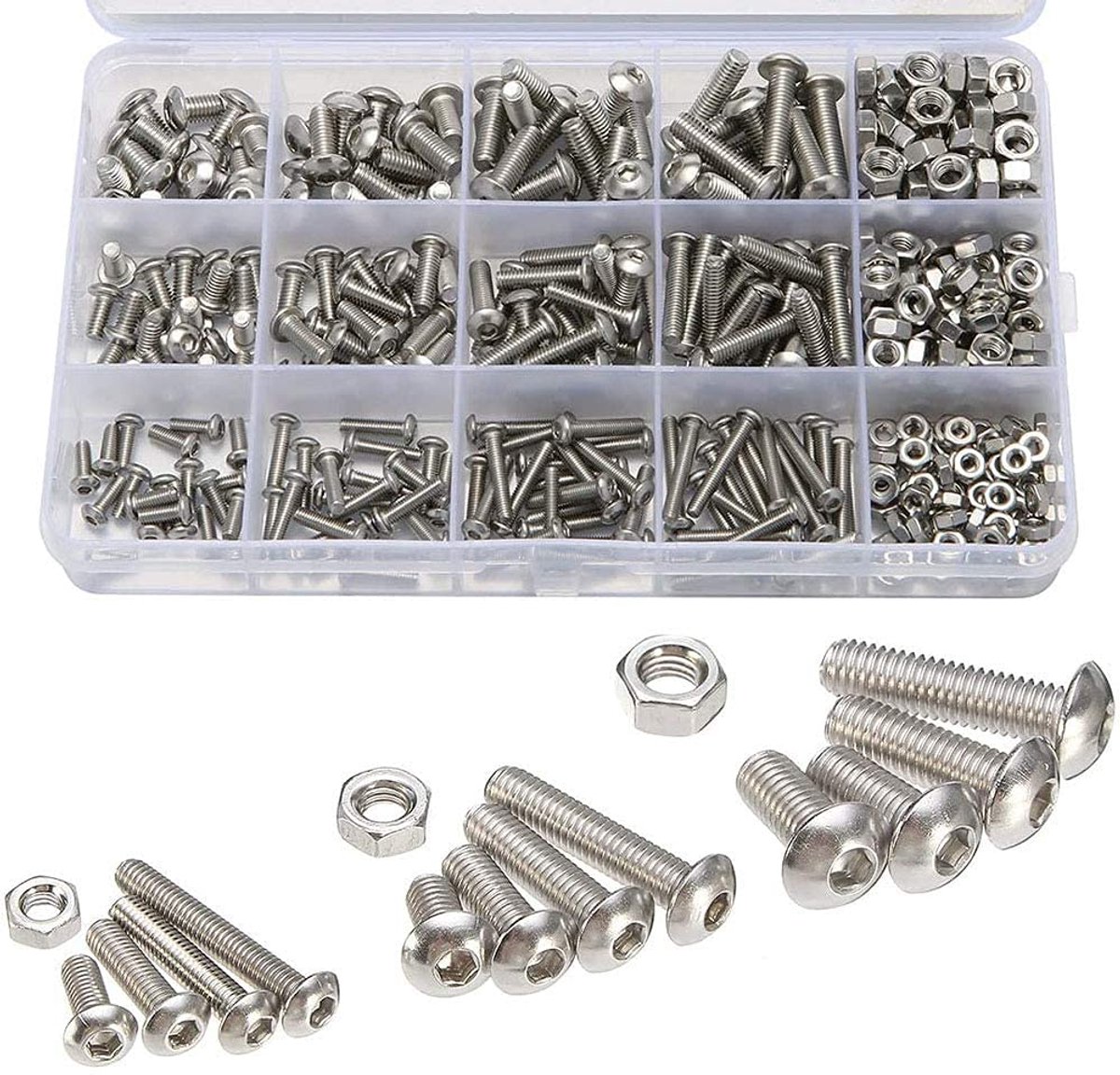500 stks Bouten en Moeren Set M3 M4 M5 Rvs Machine Schroef en Moer Kit Knop Hoofd Hex Socket Head Cap Bouten Schroeven met Moeren Assortiment Kit