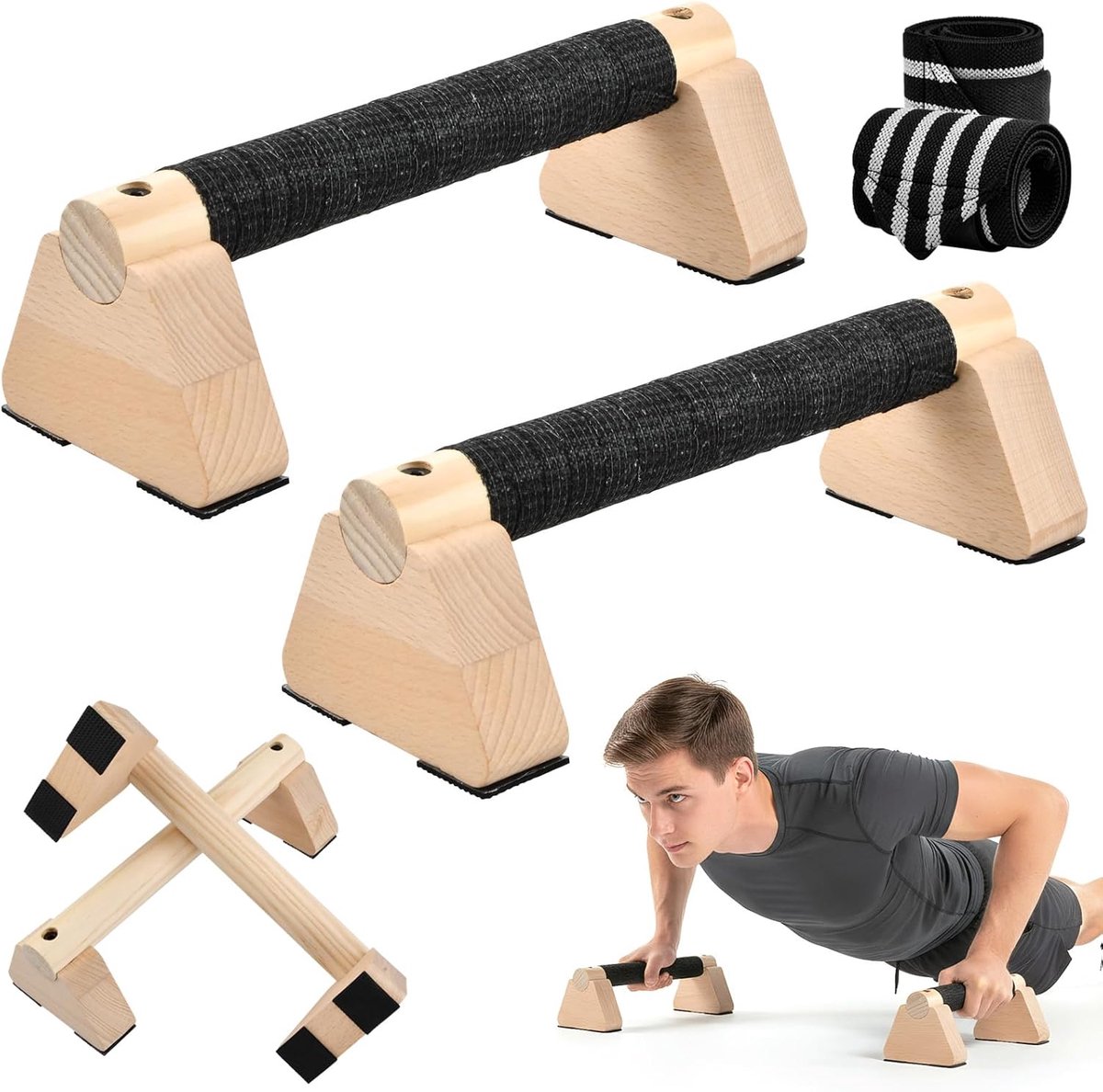 Push-upgrepen van hout met polsbandages, 2 stuks, 25 cm, push-up-bars, gewrichtsvriendelijke parallettes, ergonomische, antislip handgrepen, calisthenics uitrusting voor handstand, push-ups