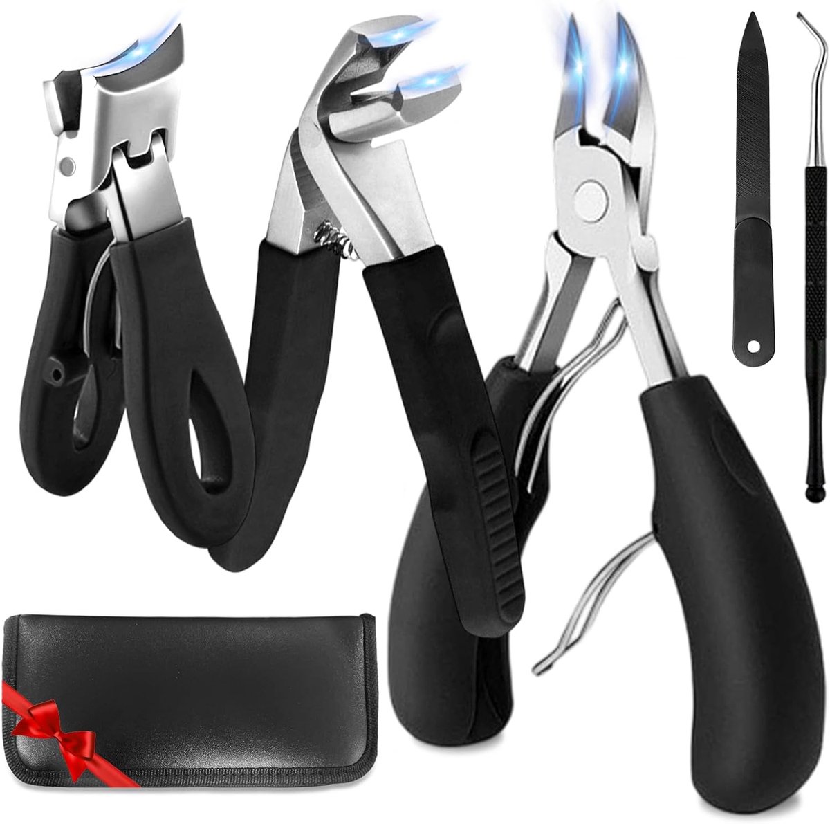 Nagelknipperset, 5-delig, roestvrij staal voor dikke en ingegroeide nagels, scherpe manicure- en pedicure-schaar met nageltang, nagelriemschaar en lange handgreep, brede opening voor