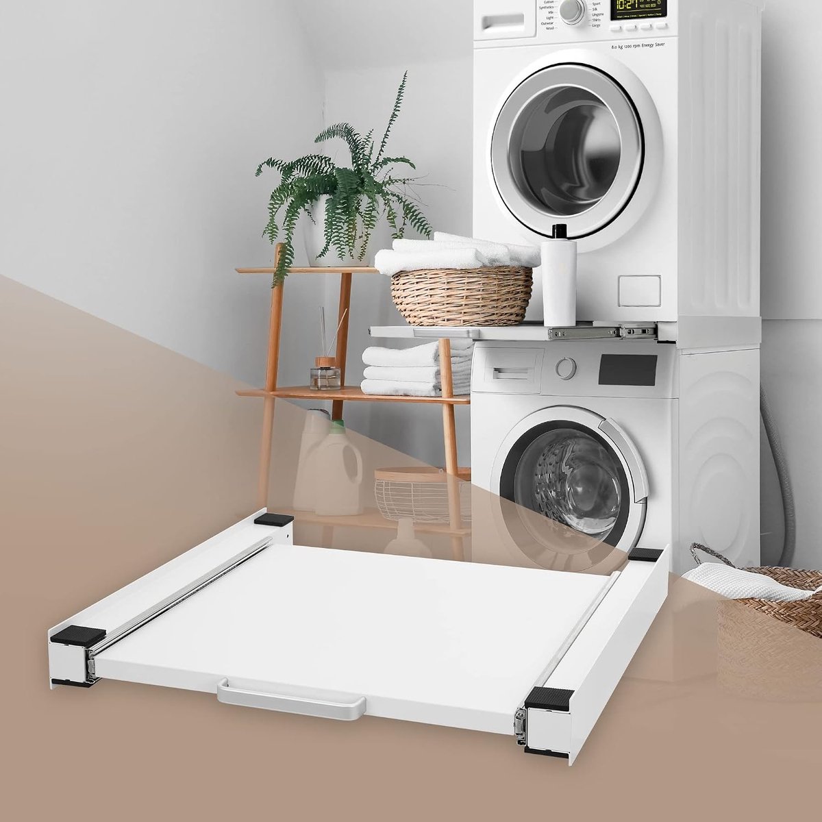 Tussenframe met Uittrekplaat van Staal 60x60 cm wit universeel Verbindingsframe voor Wasmachine en Droger Tussenbouwset met Uittrekplaat als Opbergruimte voor Wasmand of Accessoires