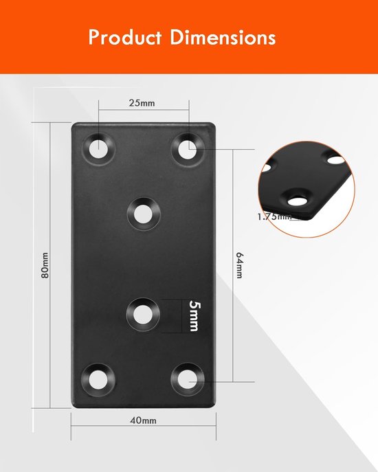 Platte connector, 80 × 40 × 1,75 mm, roestvrij staal zwart — afbeelding 2