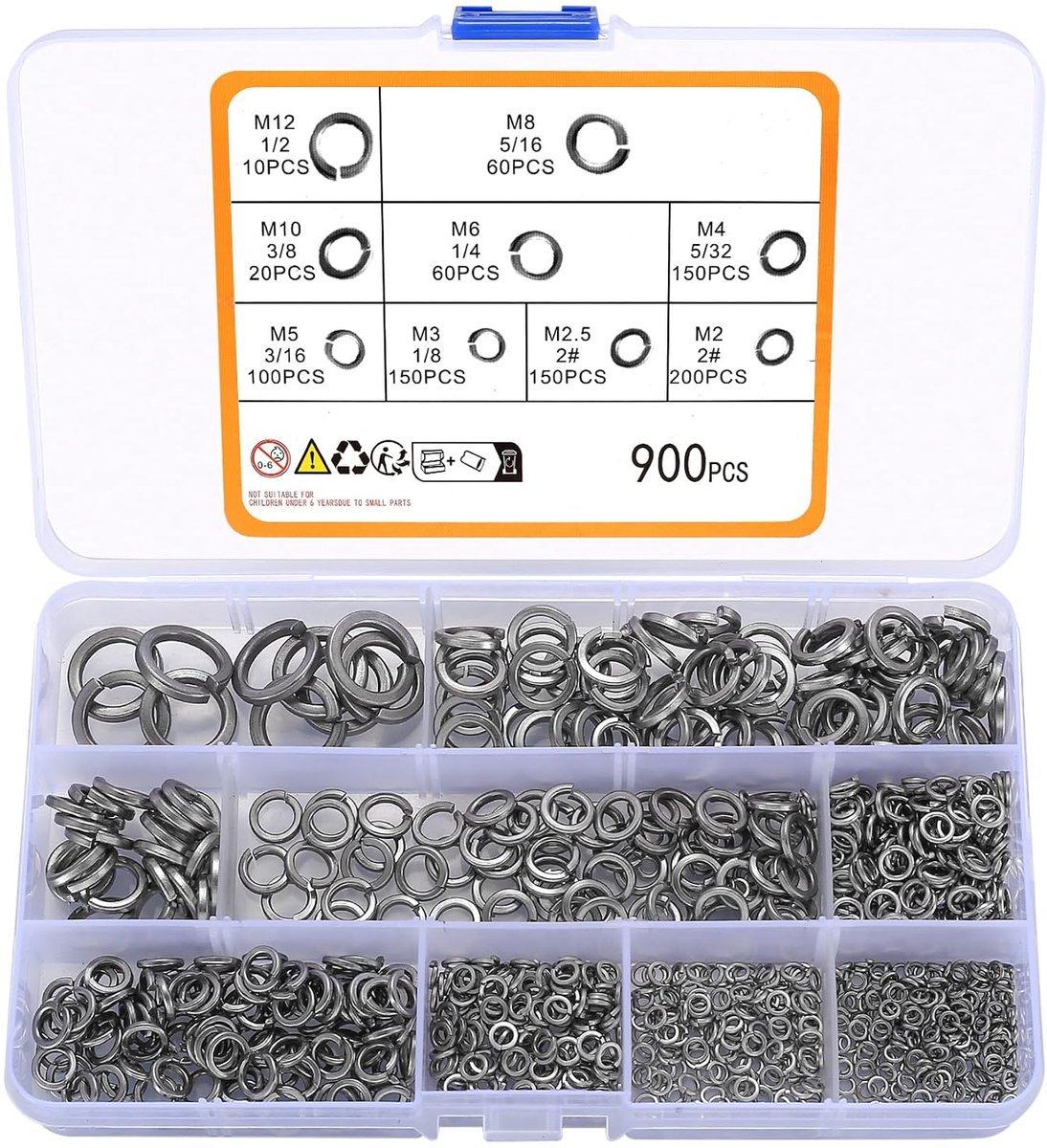 Veiligheidsschijven, 900 stuks roestvrijstalen veerschijven, gedeelde ringschijven, elastische afdichtingen voor bouten, schroeven, 2#, 1/8", 5/32", 3/16", 1/4", 5/16", 3/8", 1/2"