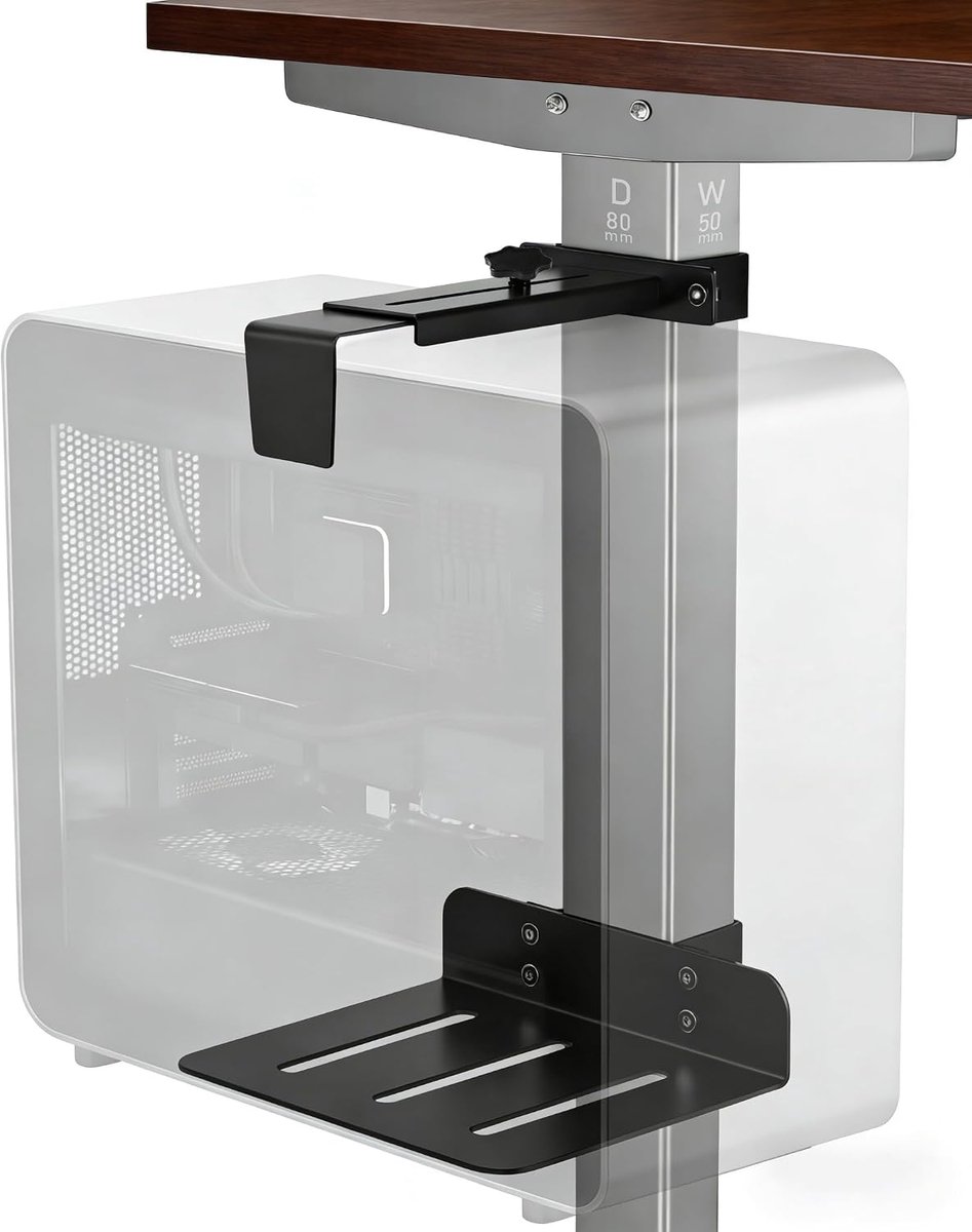Pc-houder onder het bureau, zonder boren, CPU-houder voor in hoogte verstelbare bureaus, belastbaar tot 18 kg (40 lbs), voor tafelpoten 50 × 80 mm, eenvoudige montage (zwart)