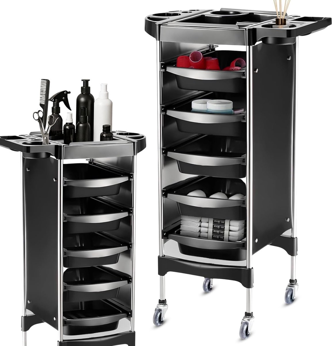Friseurwagen, rollwagen met 6 niveaus en 5 uitneembare laden – Friseurwagen – Tattoowagen – 1 stuk – Accessoires niet inbegrepen – Barbierwagen – Opbergwagen.