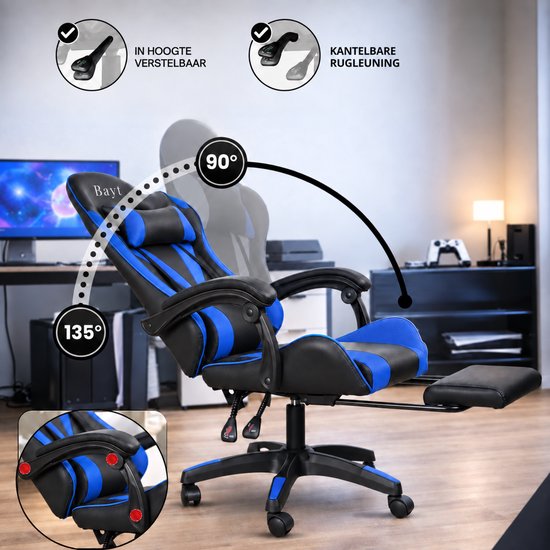 Bayt gamingstoel in zwart en blauw, met een gebogen lijn die de kantelbare rugleuning van 135° naar 90° toont.