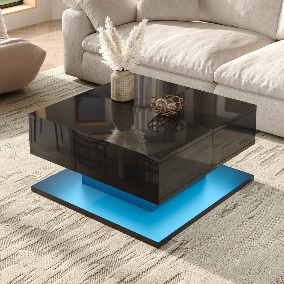 KOMHTOM Salontafel, woonkamertafel, hefbaar tafelblad, klapdeksel, lades, APP LED-verlichting, hoogglans, woonkamer Zwart