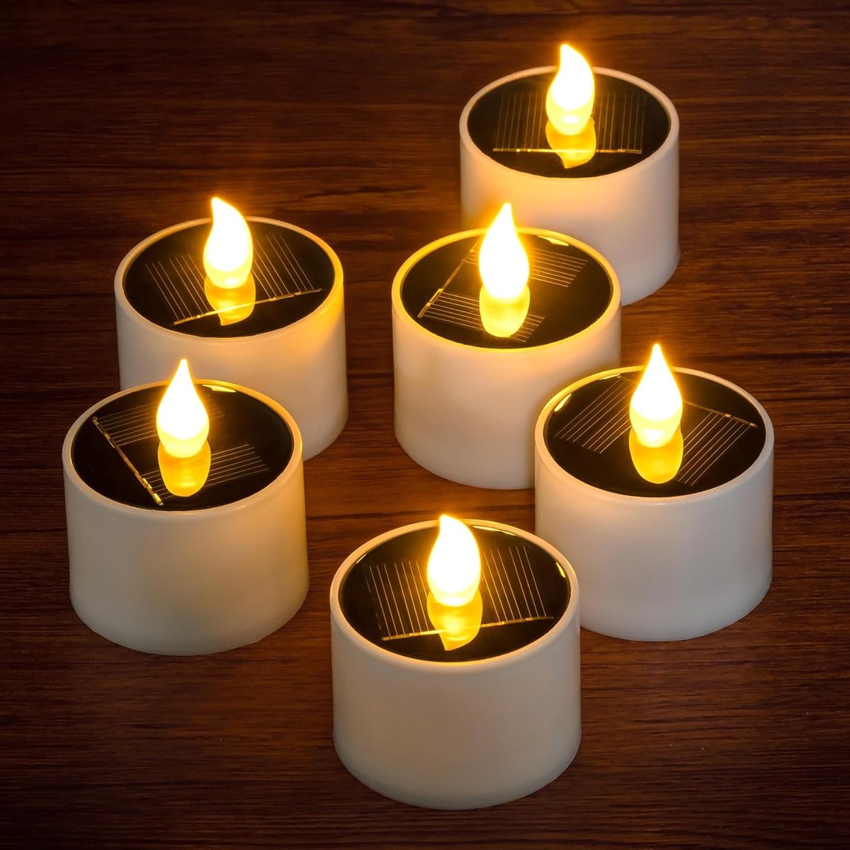 Set van 6 warmwitte led-theelichtjes op zonne-energie, waterdicht, oplaadbaar, flikkerend effect, werkt op batterijen, ideaal voor tuinlantaarns en decoraties