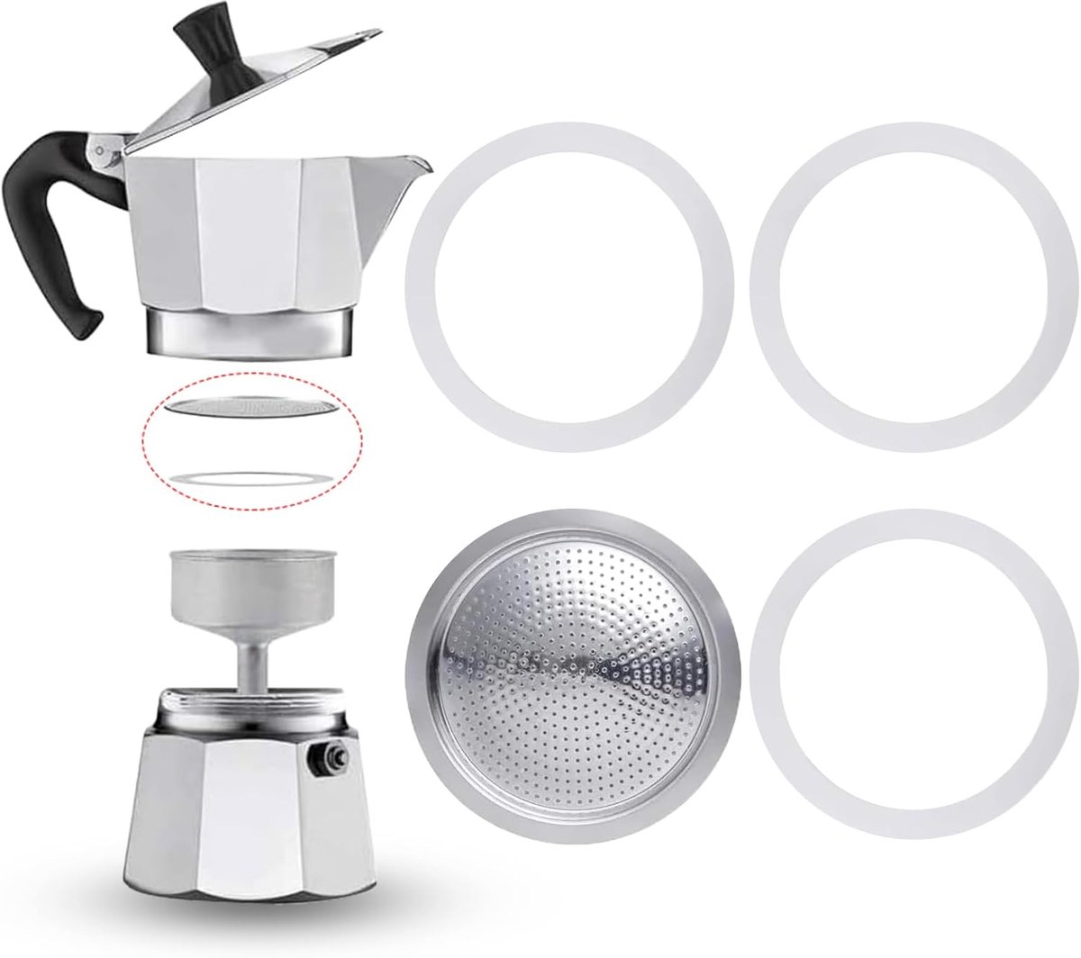 Set van 4 Espresso-Makers Met Afdichtring, 3 Kopjes, Siliconen Reserveafdichting Met Aluminium Zeefinzetstuk, Stalen Filter voor Koffiepotten