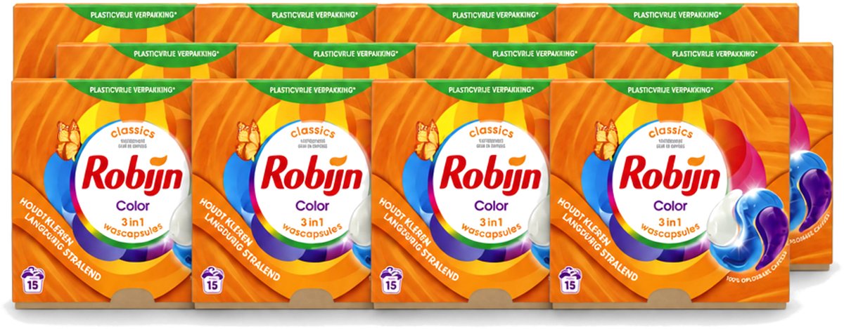12 x Robijn – 3-in-1 Wascapsules – Color – 15 capsules - Voordeelverpakking - 12 stuks