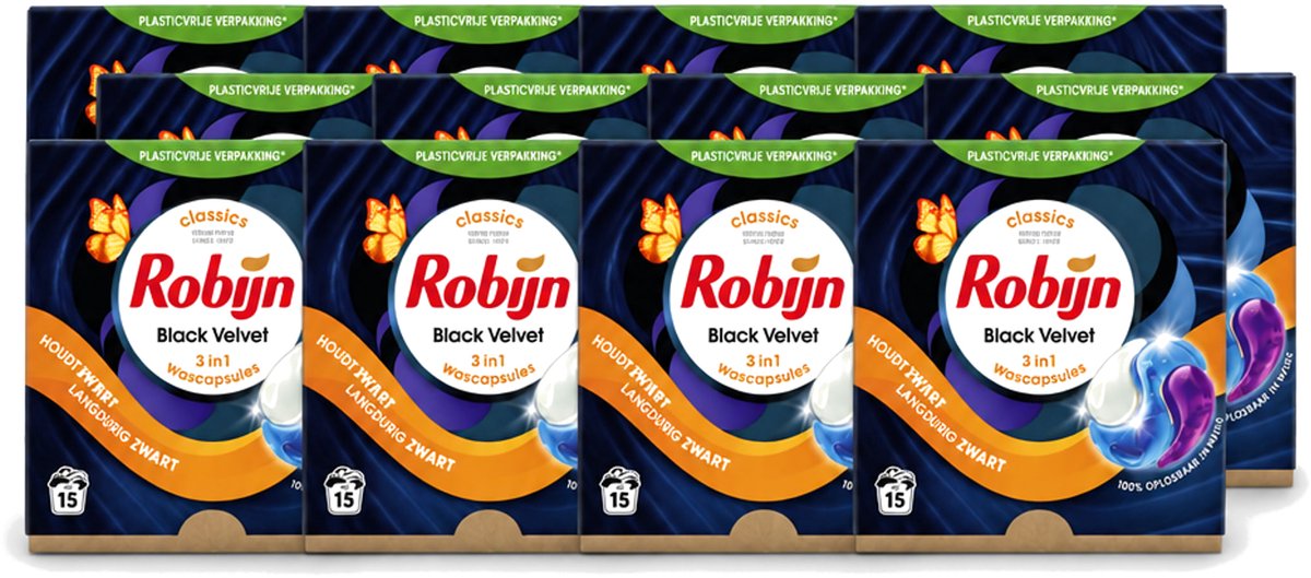 12 x Robijn – 3-in-1 Wascapsules – Black Velvet – 15 capsules - Voordeelverpakking - 12 stuks