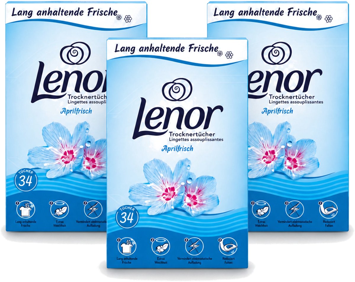 3 x Lenor - Droogtrommeldoekjes - Aprilfris - Textielverfrisser - 34 Doekjes - Voordeelverpakking - 3 stuks