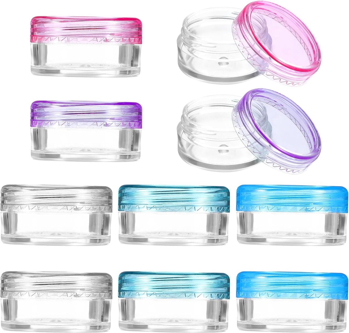 SnelShoppen - Pack van 10 Transparante Lege Jars 5g, Mini Cosmetic Containers, Lip Balm Potjes, Reizen, Kleur: Helder, Roze, Blauw, Paars, Groen