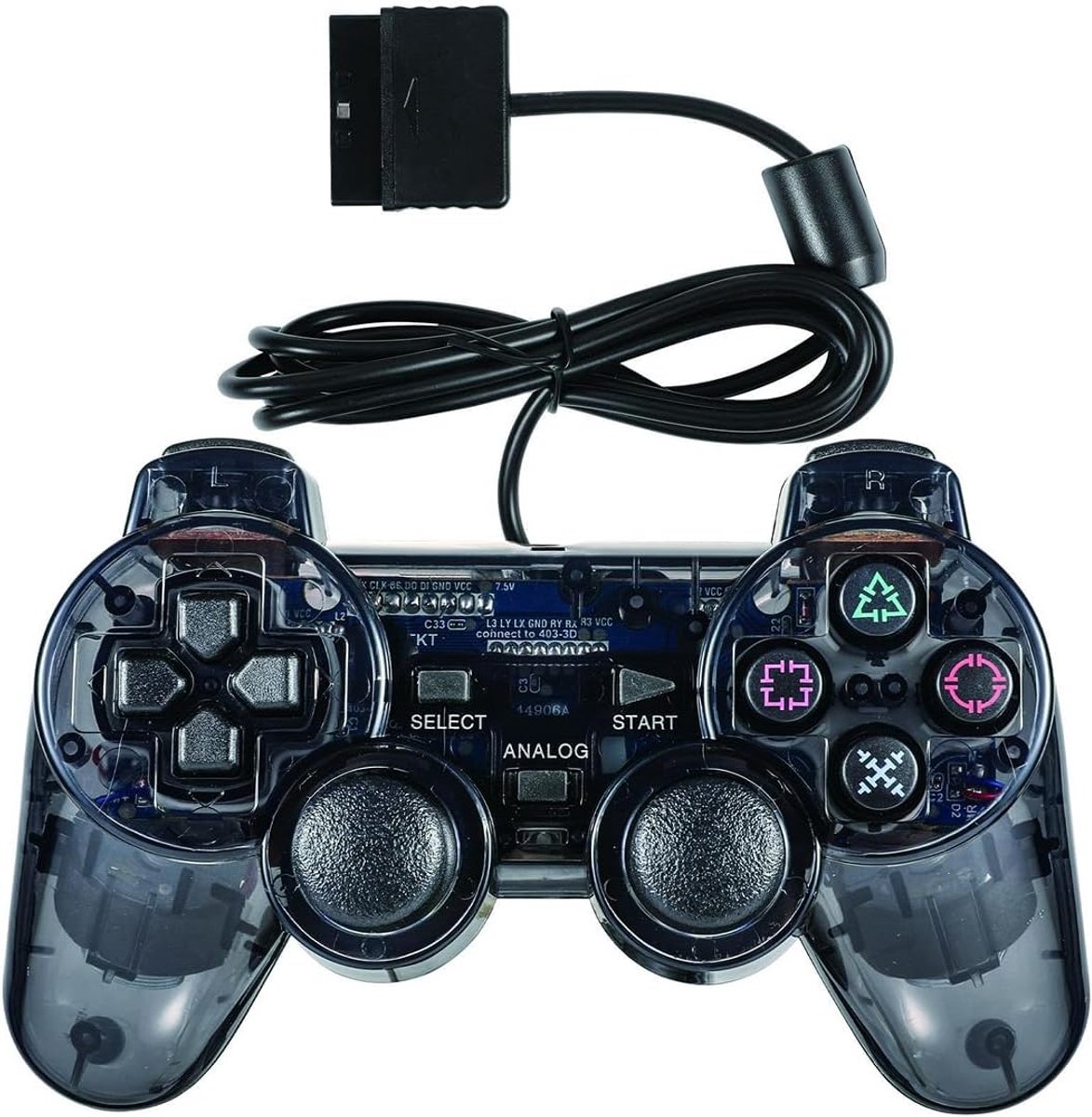 SnelShoppen - Controller met kabel voor PS2, Ergonomische Gamepad met Dubbele Vibratie, Doorschijnende Behuizing, 1,8 m Kabel, Plug & Play voor Retrog
