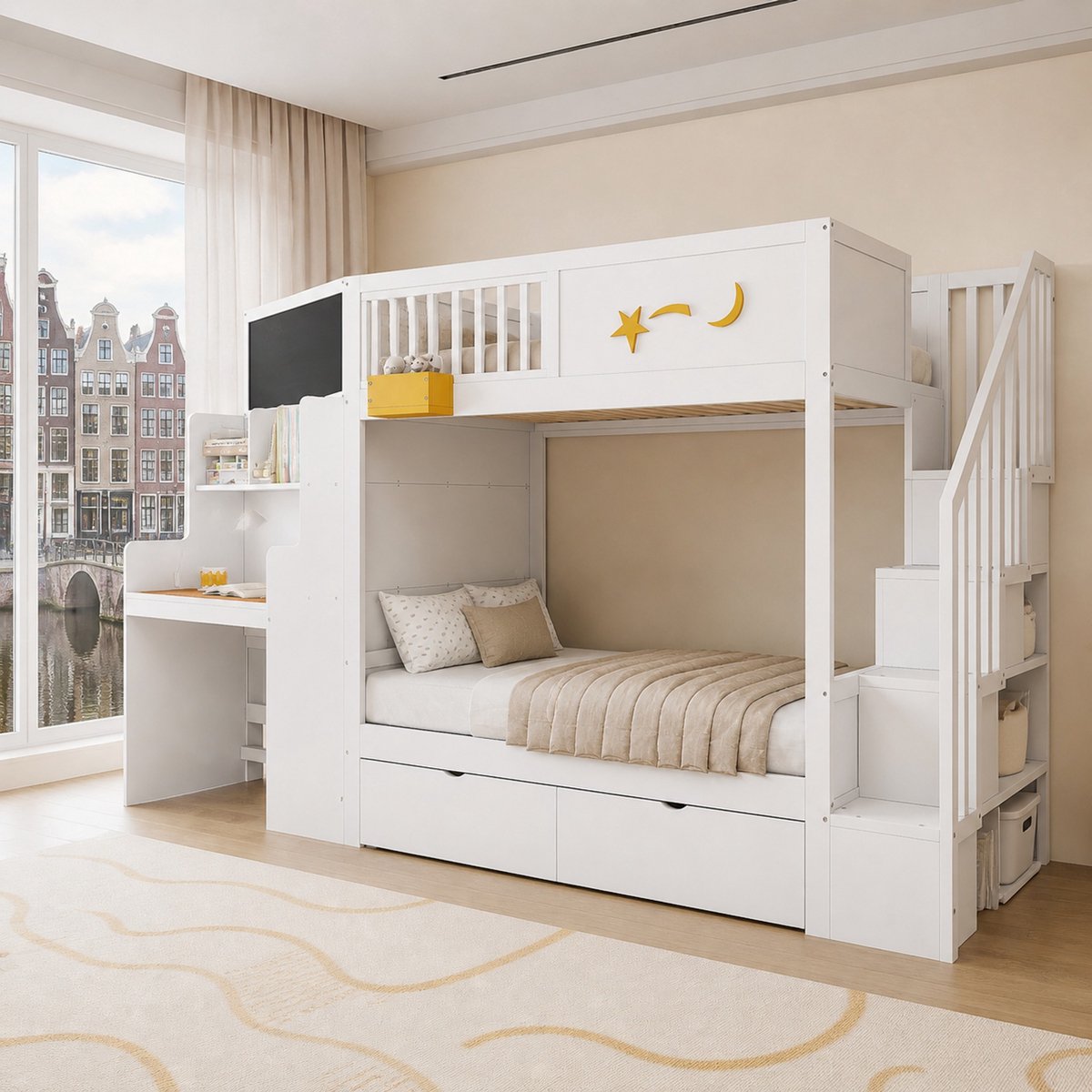 WUVRIE Stapelbed 90x200 cm met bureau, trap, 2 bedlades en sterrenmotief, wit