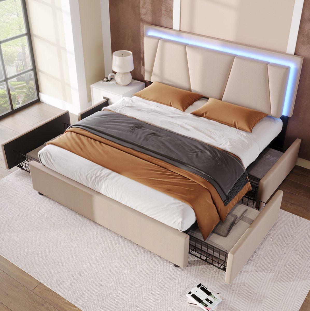 WUVRIE Gestoffeerd bed 140x200 cm met LED, 4 lades en verstelbaar hoofdeinde, beige