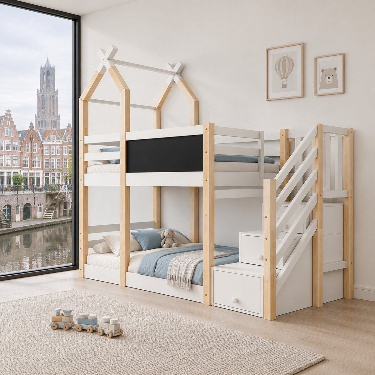 WUVRIE Stapelbed 90x200 cm met boomhutontwerp, opbergtrap, schoolbord en valbeveiliging, wit