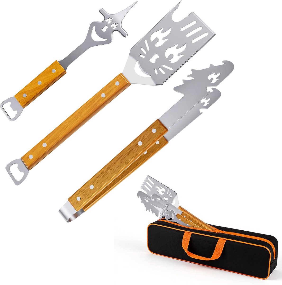Landrip 3-delige grillspatel voor barbecue, 8-in-1 grillbestek met houten handvat, roestvrij staal, multifunctionele - ShopVlot
