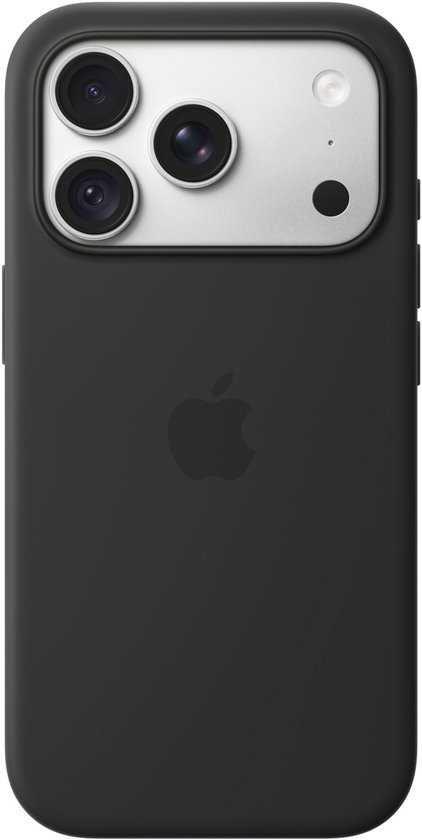 Zwart siliconen hoesje voor iPhone met zilvergrijze camerabehuizing.