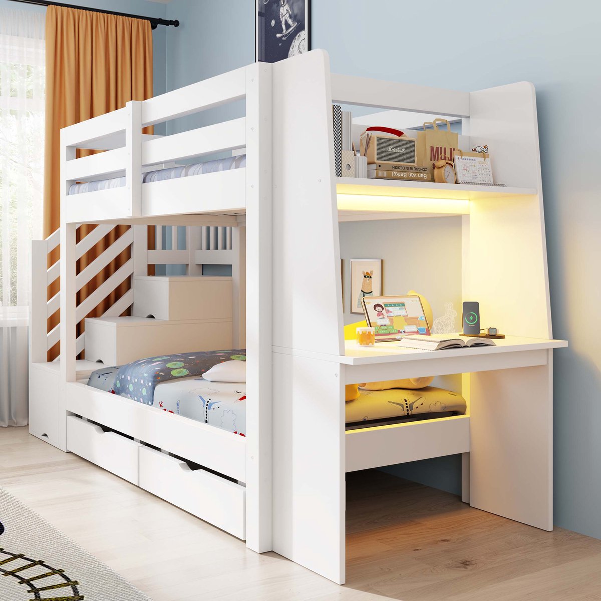 DESMIU Stapelbed 90 x 200 cm – Met Bureau, Ledverlichting En Opberglades – Trap Met Opbergruimte – Kinderkamer – Hout En MDF – Wit – Zonder Matras