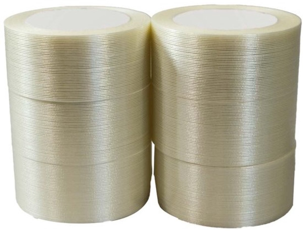 Versterkte tape - Verpakkingstaperol - Voor het sluiten van zware pakketten - Met glasvezel versterkt - 6 rollen - 50 m - Transparant