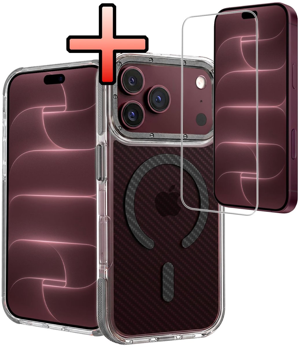 Hoesje - Met Screenprotector - Geschikt voor Apple iPhone 18 Pro Max - Magsafe Compatible - Carbon Look - Sterk & Shockproof - Back Cover - Shock Proof Case - Telefoon Hoes - Grijs