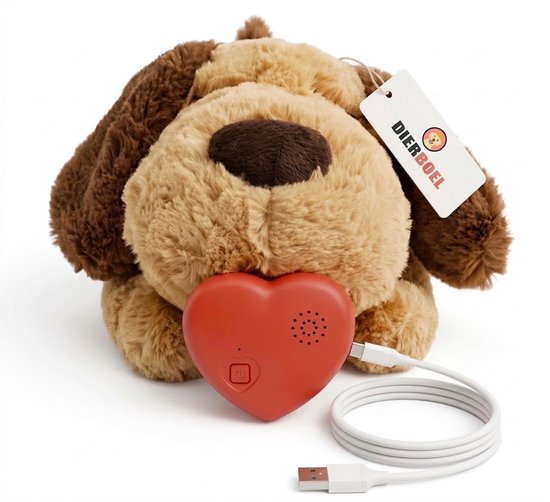 Bruine pluche hond met bruine oren, houdend een rood hart met een USB-kabel.