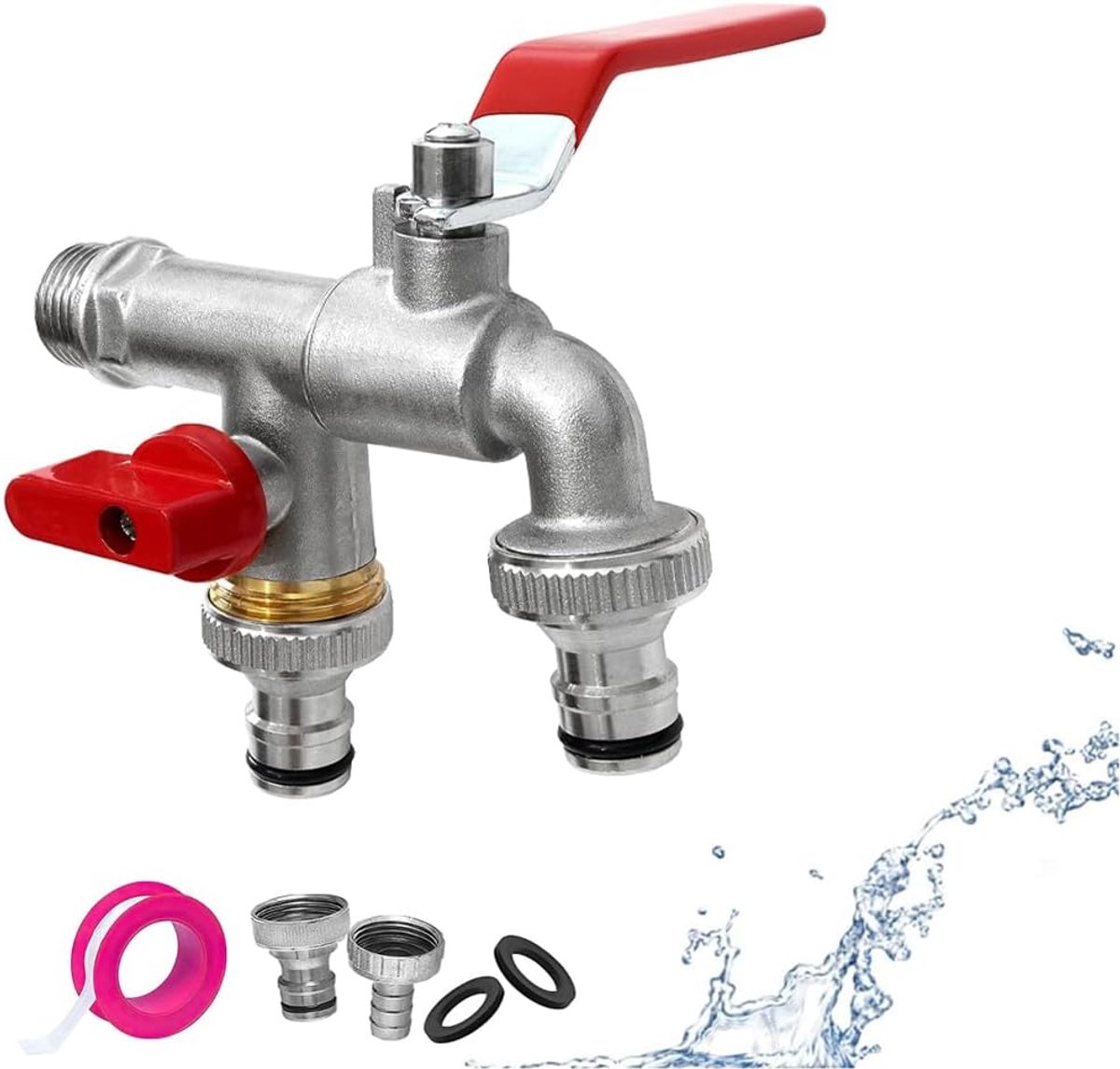 Garden Faucet 1/2" Double Tap with 2 x Free Hose Connections and 1 x Roll Sealing Tape, Ball Valve for Garden - ShopVlot