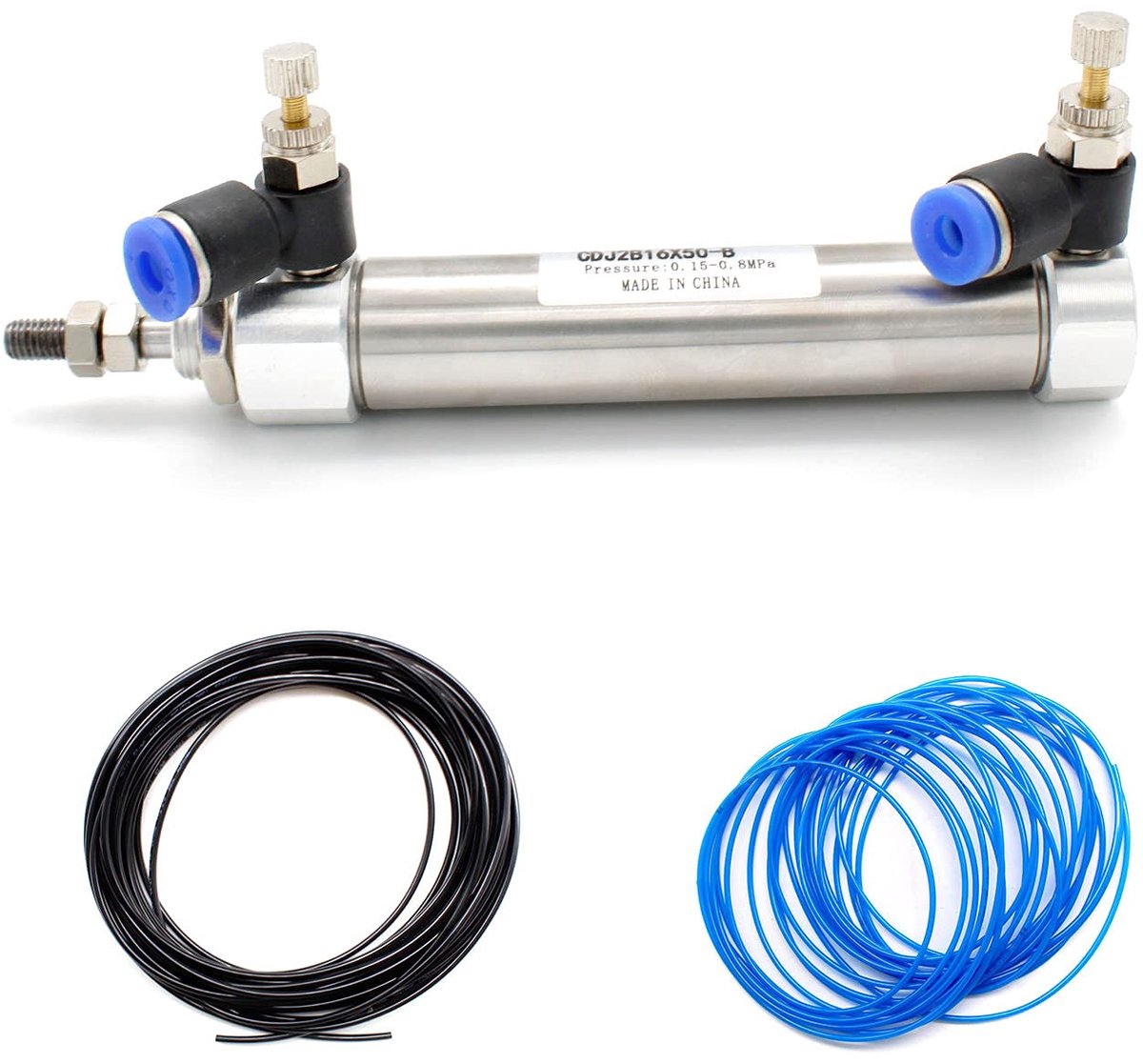 Pneumatic air cylinder with 1/8 inch M4 throttle valve and two different colors pneumatic PU hose, air cylinder PT 1/8 - ShopVlot