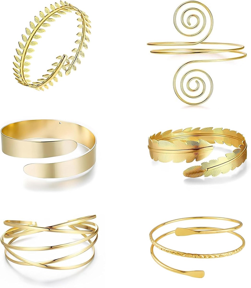 SnelShoppen - 4 Stuks Gouden Bovenarmbanden voor Dames, Verstelbare Wikkelarmbanden, Huidvriendelijk en Comfortabel, Perfect voor Feesten en Dagelijks
