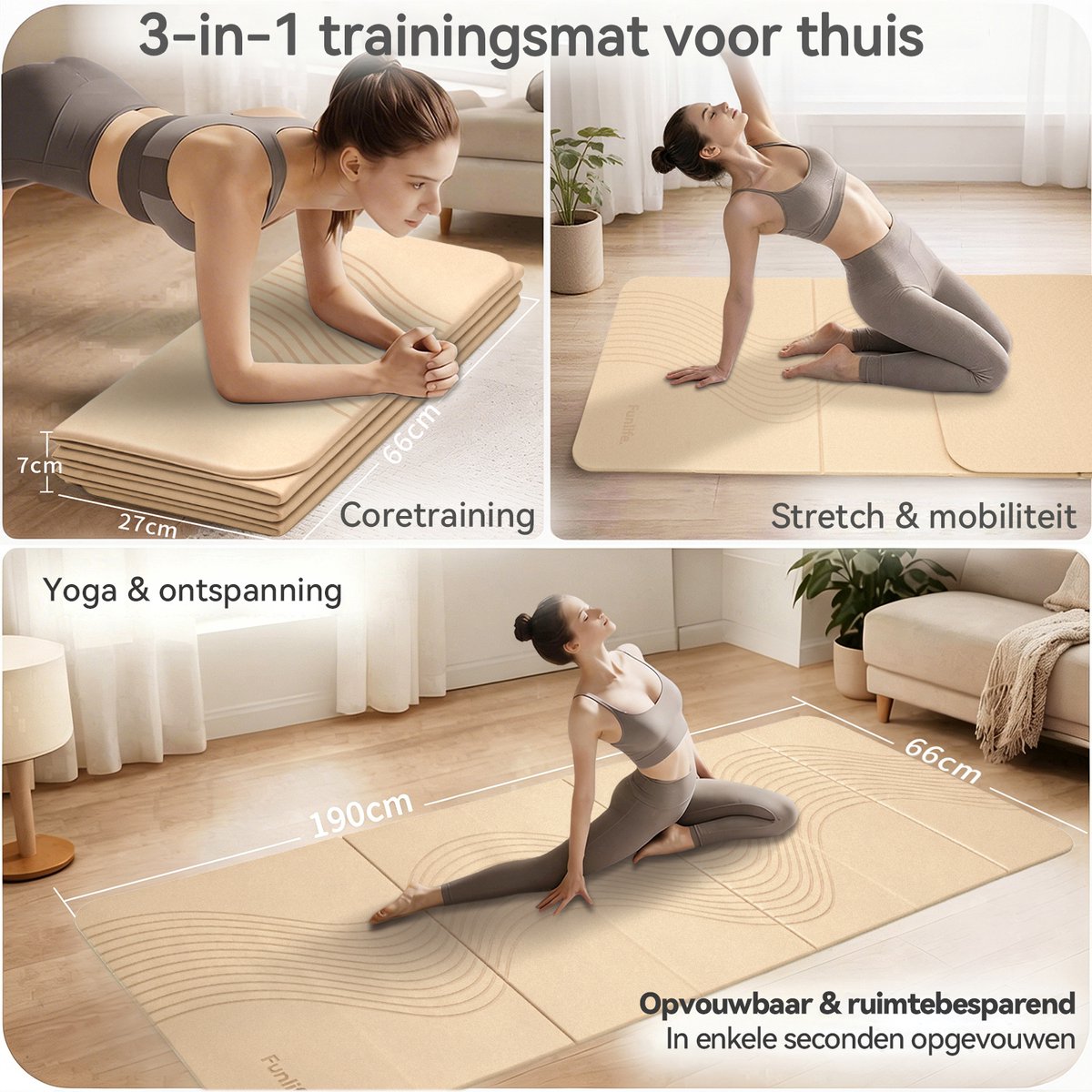 FunLife 7-Delige Opvouwbare Yogamat 190 x 66 cm - 10 mm Dik - Antislip Fitnessmat voor Yoga, Pilates en Thuis Workout - Soft Flow thumbnail 2