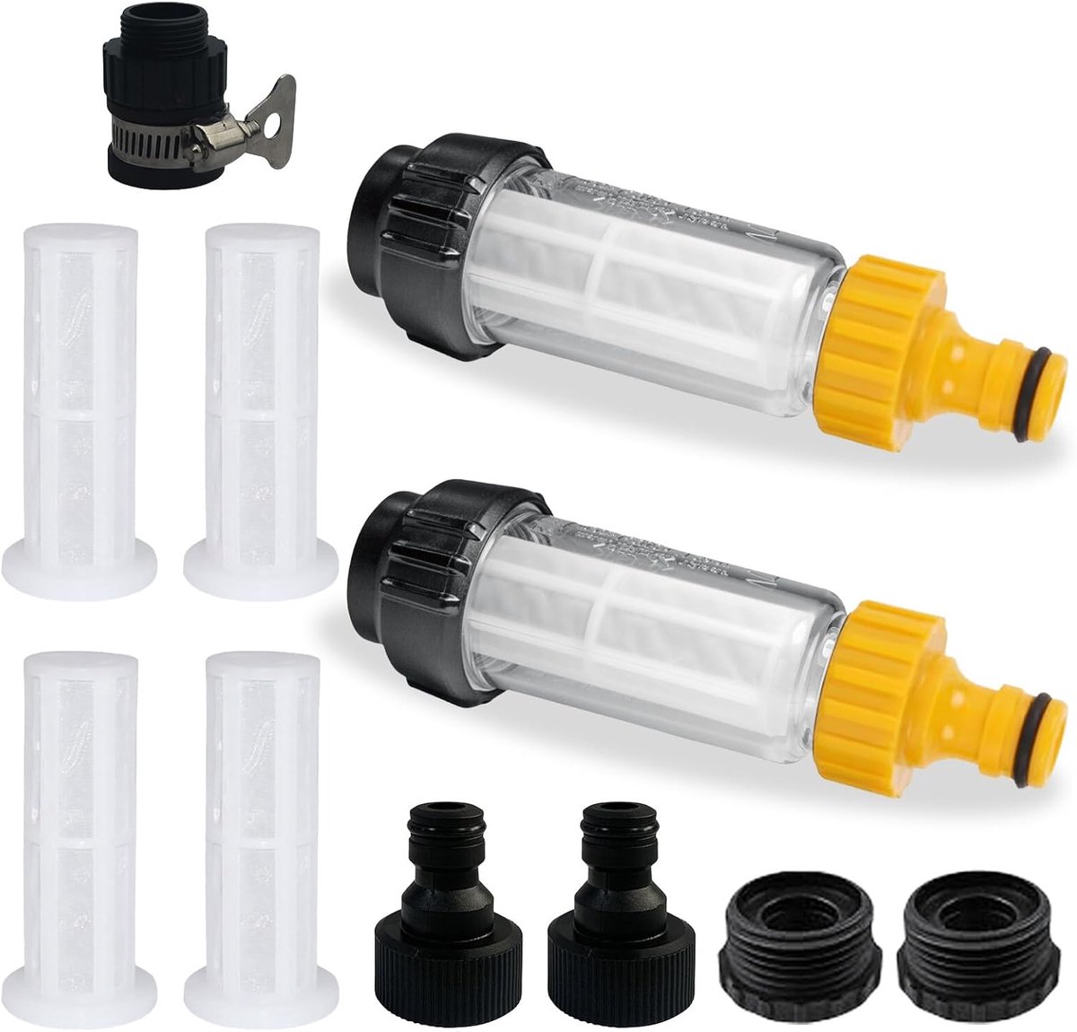 Tuinslang set: 2 stuks 3/4 inch voorfilter tuinpomp met 5 sneladapters + 4 filterinzetstukken, watervoorfilter waterfilter voor hogedrukreiniger, tuinpomp, camper