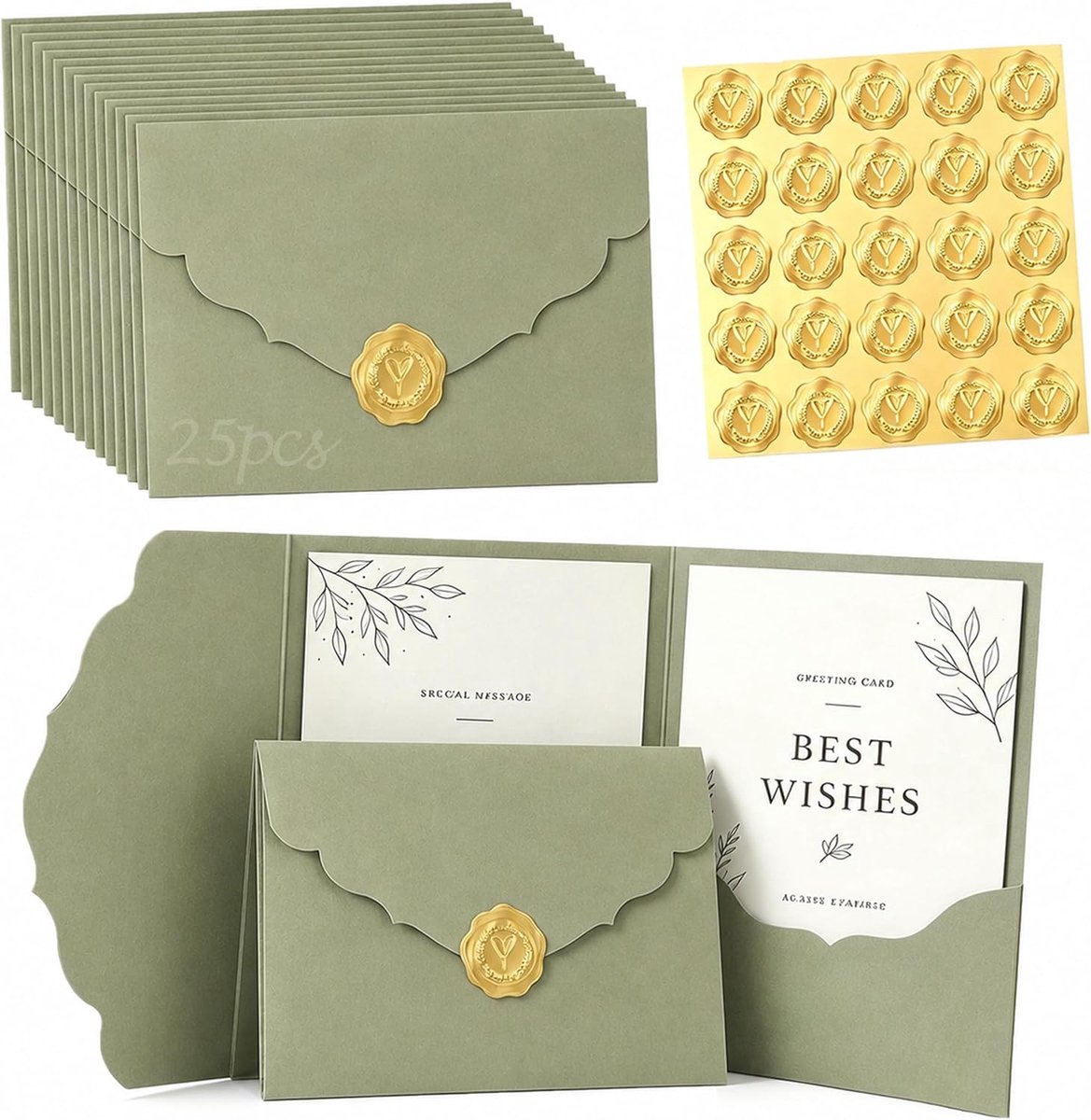 25 stuks enveloppen bruiloft donkergroen 13 x 18 cm stickers goud