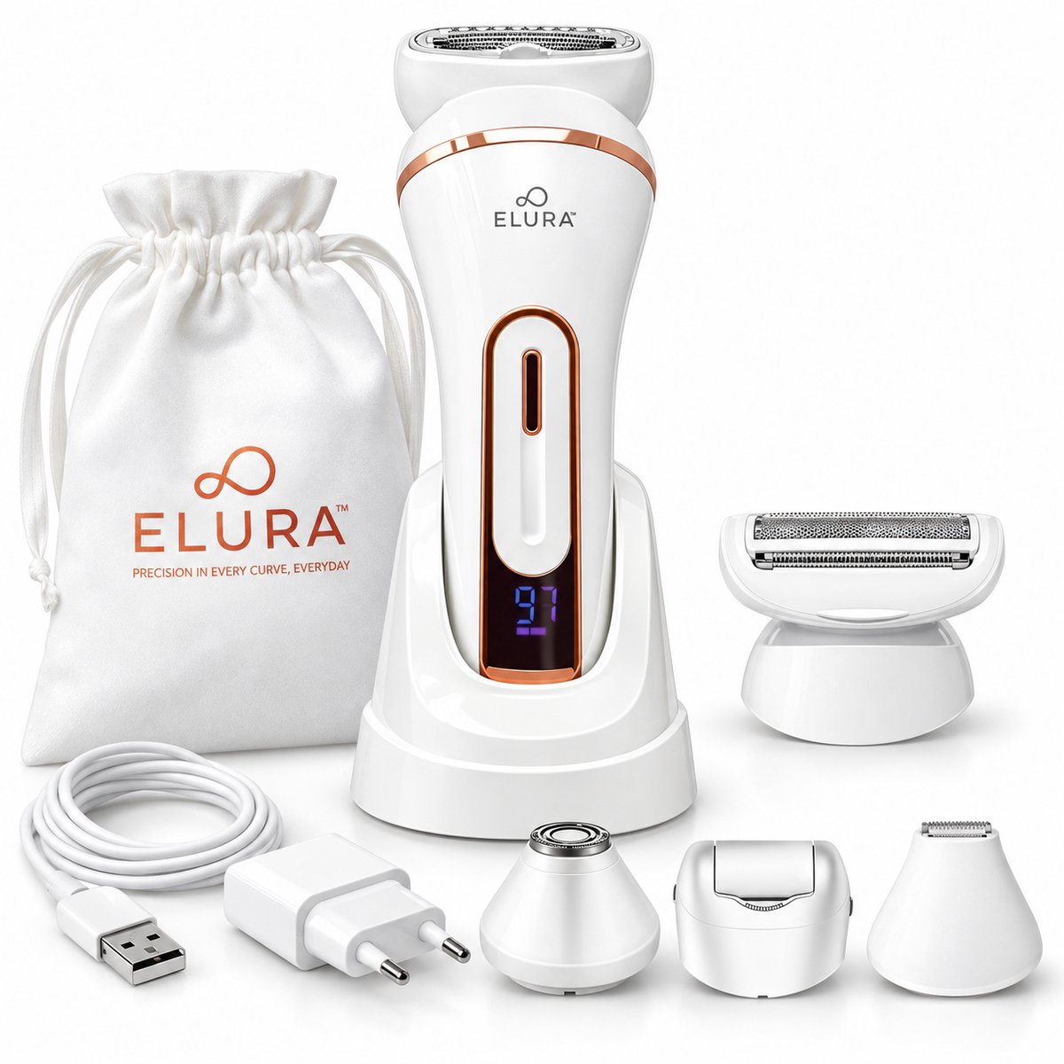 Elura® Ladyshave voor Vrouwen 4-in-1 Premium - Met Extra Scheerkop, Bikinitrimmer, Gezichtstrimmer en Eeltverwijderaar - Waterdicht