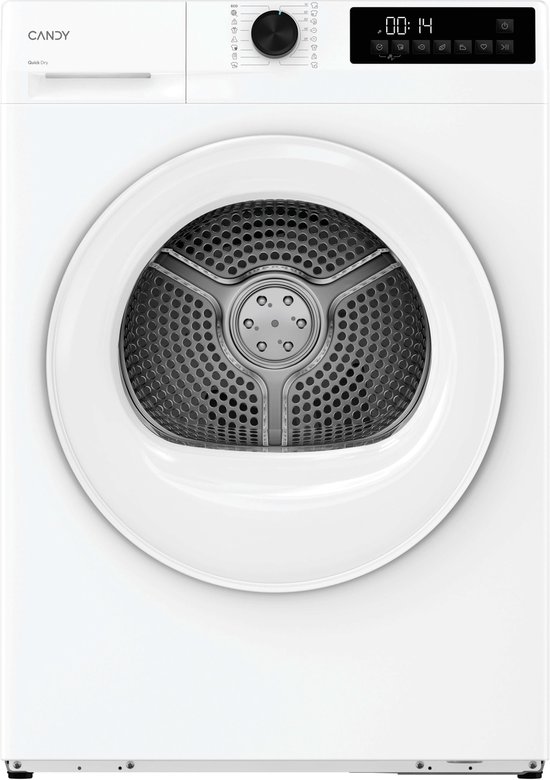 Witte Candy wasdroger met digitale timer en draaiknop bediening.