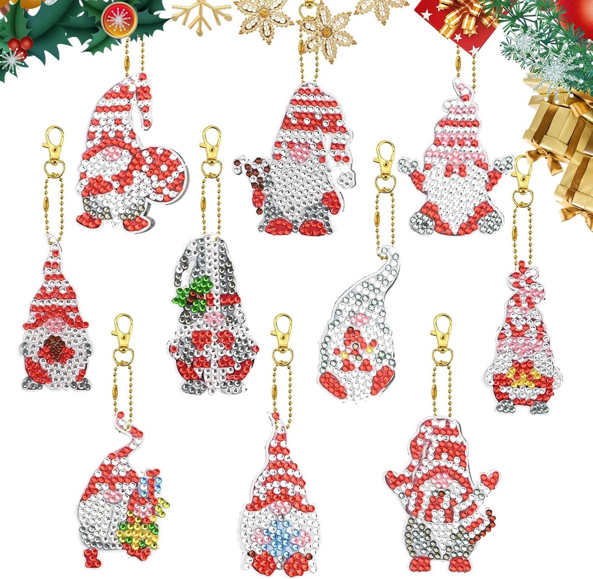 10 stuks kerstkabouters doe-het-zelf diamant schilderij sleutelhanger, 5D dubbelzijdige volledige boor diamant sleutelhangers, kerstman diamant kunst ambachtelijke kits sleutelringen voor kinderen