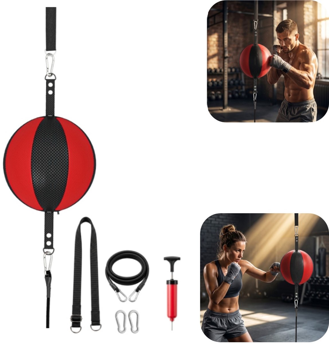 Boksbalset - vechttrainingbal - bokselastiekbal - multifunctionele oefenbal - met verstelbare koordsluiting - eenvoudig te installeren - duurzaam - sportaccessoire - geschikt voor boksen, sportschool, binnen (rood, 23*43 cm)