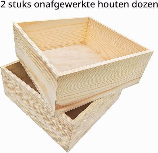 2 stuks onafgewerkte houten ambachtelijke opbergdozen, 20 x 20 x 8 cm vierkante houten doos, rustieke natuurlijke houten containerdoos voor thuislocatie decoratie — afbeelding 2