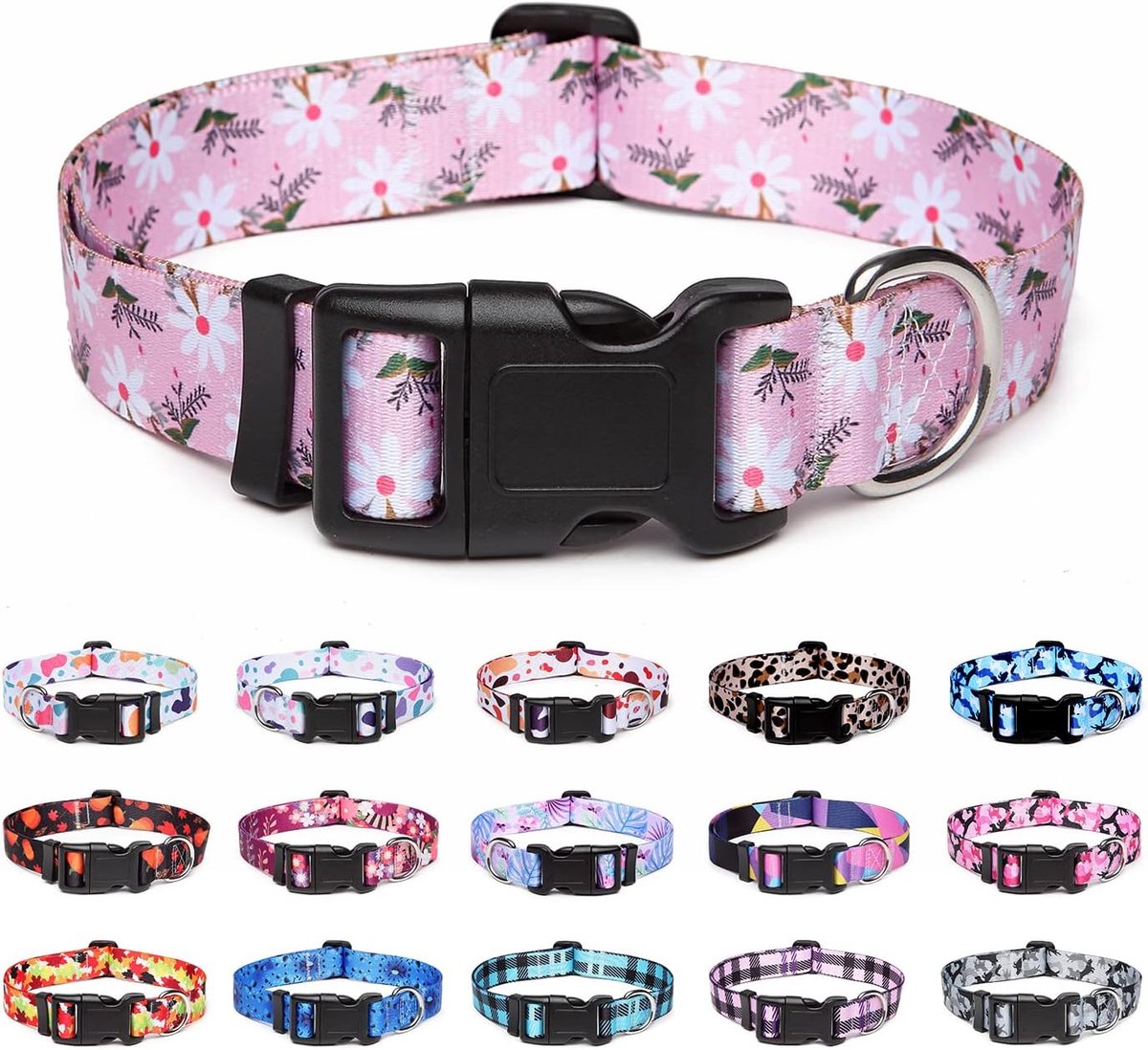 Verstelbaar, zacht en comfortabel, nylon, hondenhalsband voor kleine, middelgrote en grote honden, puppy's en katten (M, roze witte bloemen)