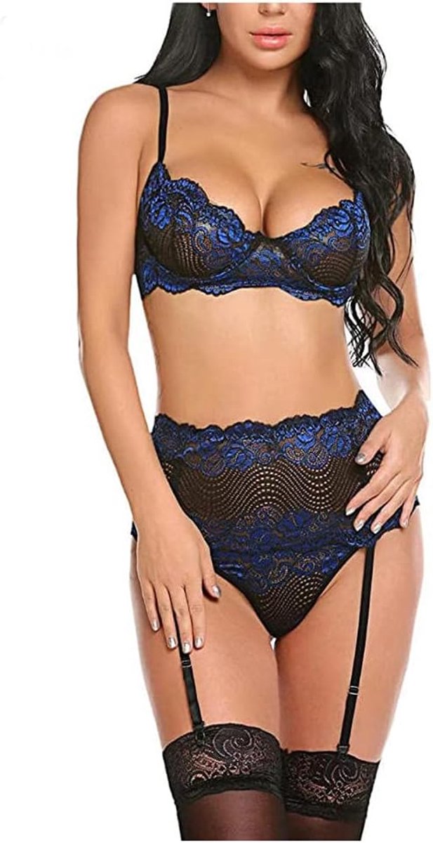 Dameskleding Vrouwen Ondergoed Beha Slips Sexy Lingerie Hollow See Through Lace Kostuums Nachtkleding Set-Azul_L
