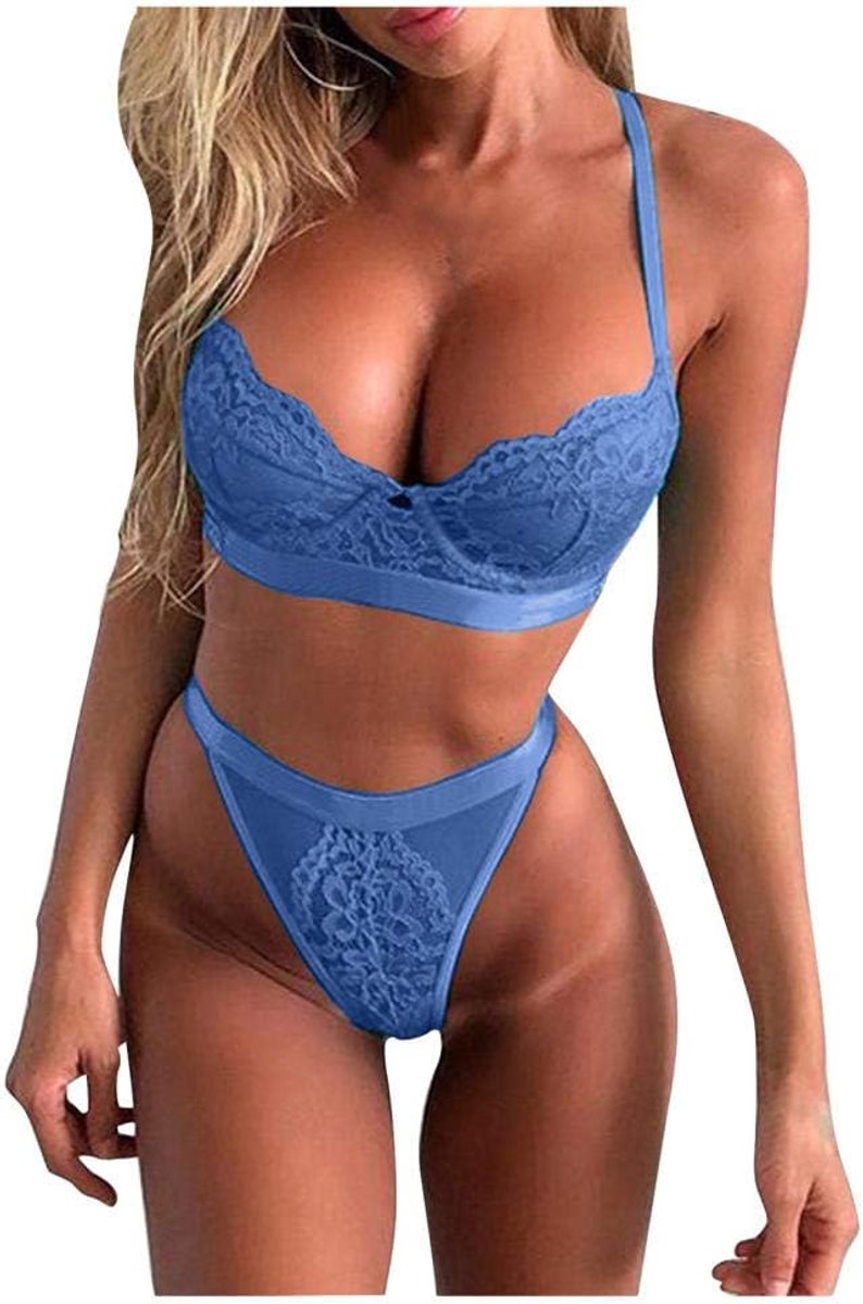 Lingerie & ondergoed Dames ondergoed set doorzichtig kant sexy lingerie bh kostuums string set-blue_XL