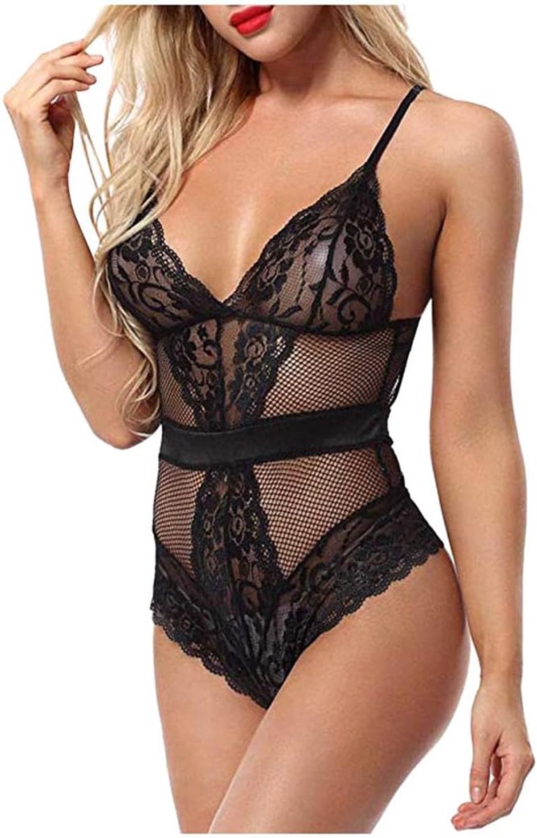 Dames Sensuele Lingerie Vrouw Sexy Lingerie Kant Zien Door Kostuums V-hals Ruglooze Jurken-Black_L