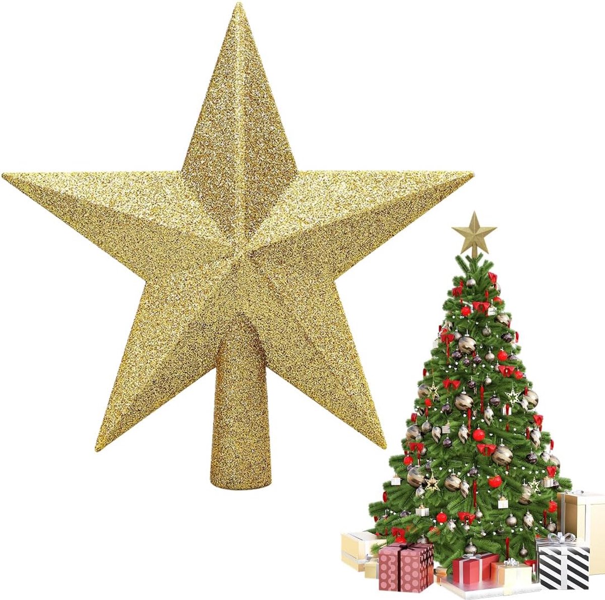 Kerstboompiek, glitter, kerstboom, ster, kerstdecoratie, glitter kerstboompiek, ster, versiering voor Kerstmis, feest, thuis, 20 cm, goud