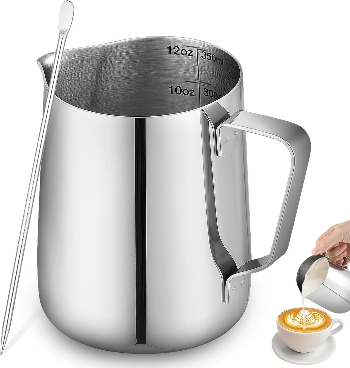 Melkopschuimer, 350 ml met latte artpen, roestvrijstalen melkkan voor koffiezetapparaat en barista, koffiemelkkan voor Latte Art, cappuccino, thuisgebruik