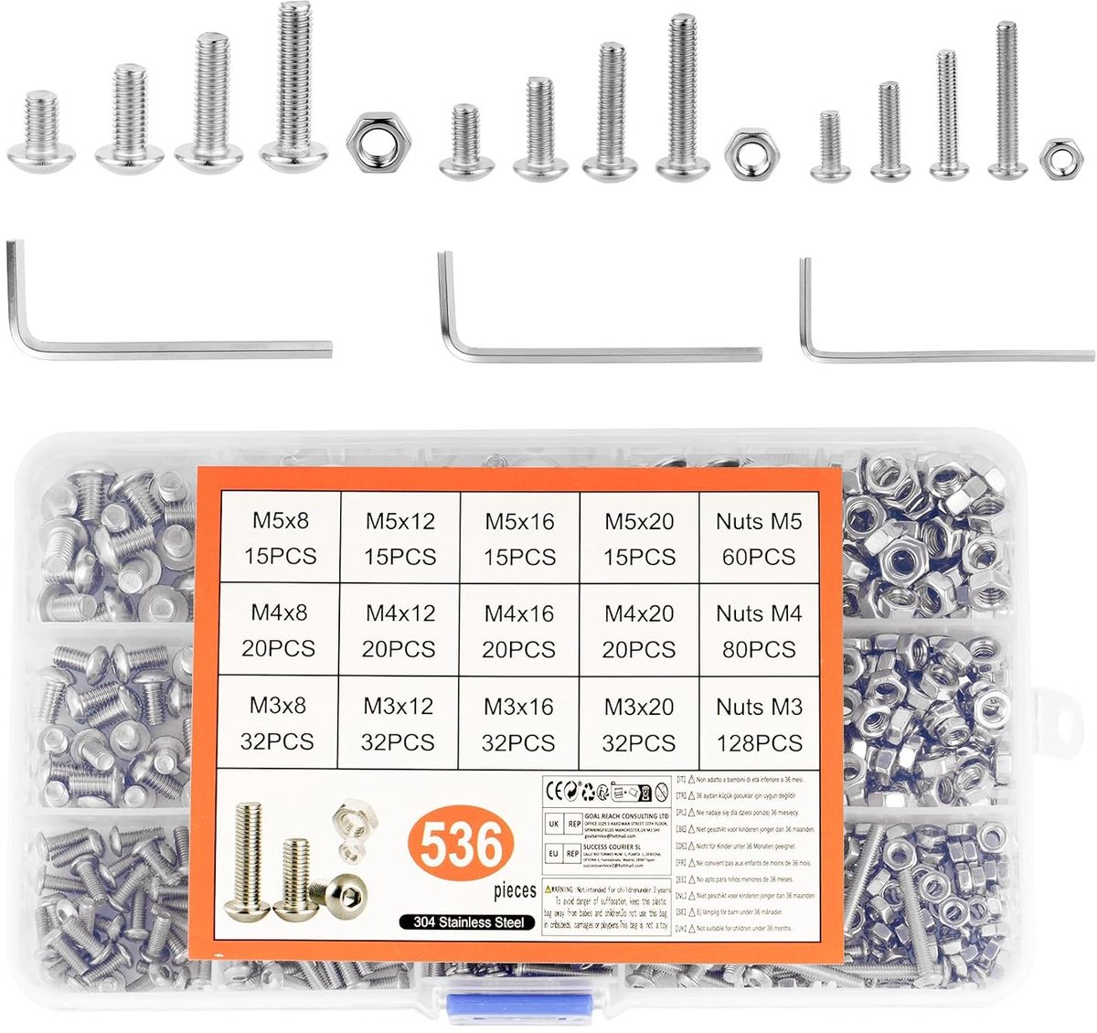 536 STK M3, M4, M5 schroevenset, roestvrij stalen cilinderschroeven met binnenzeskantschroeven met moerset, schroefdraadschroeven, moersets, machineschroeven, assortiment + 3 inbussleutels