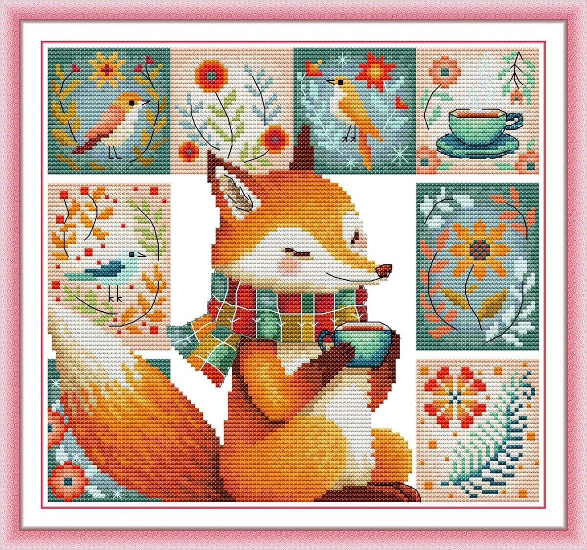 Artcici Voorbedrukte schattige dieren met natuur kruissteek kits voor beginners, 11ct doe-het-zelf borduurset met gesorteerde draden gestempeld patronen handwerkbenodigdheden (koffievos)