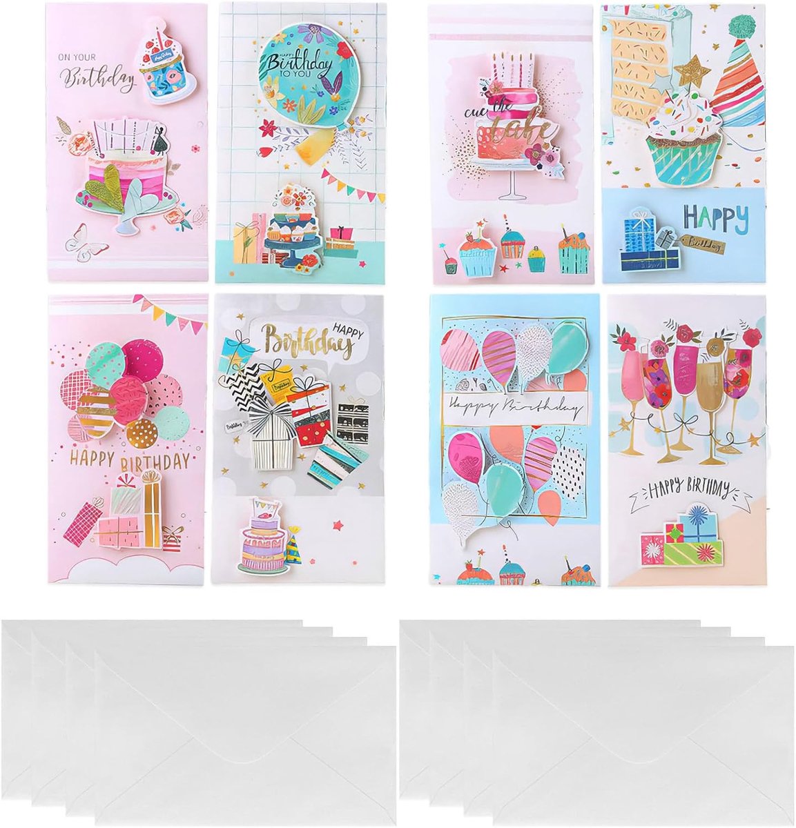 Set van 8 verjaardagskaarten, wenskaart voor verjaardag, wenskaart voor mannen, vrouwen, kinderen, familie