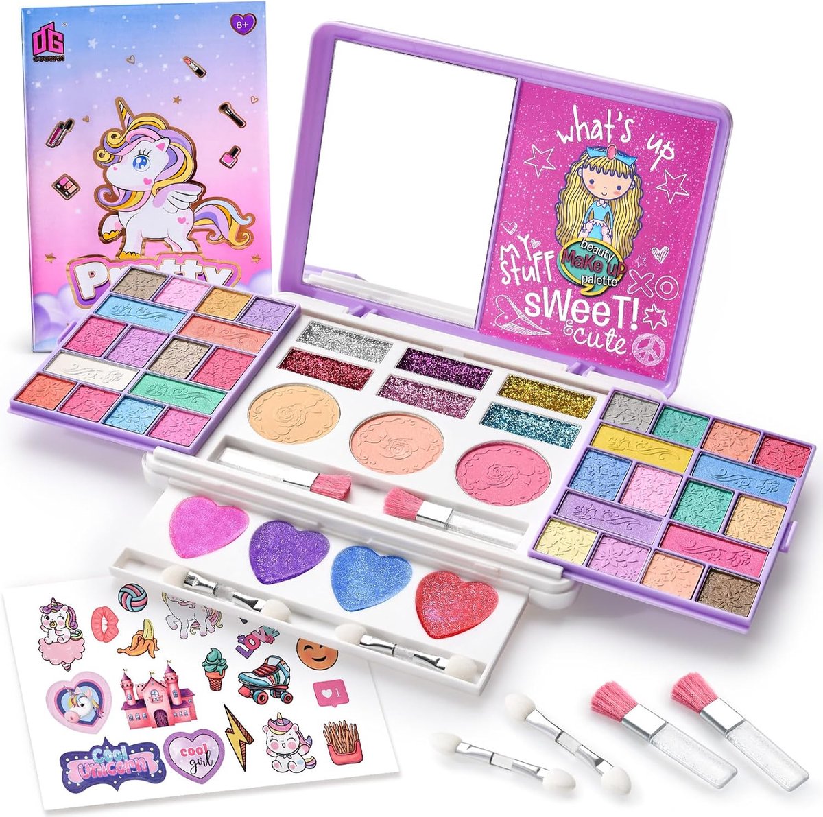 Make-upkoffer voor meisjes, kindermake-up, wasbaar, eenhoorn, make-upset met oogschaduw, lipgloss, rouge, glitter, cosmeticakoffer, rollenspel, speelgoed, cadeaus voor meisjes van 6