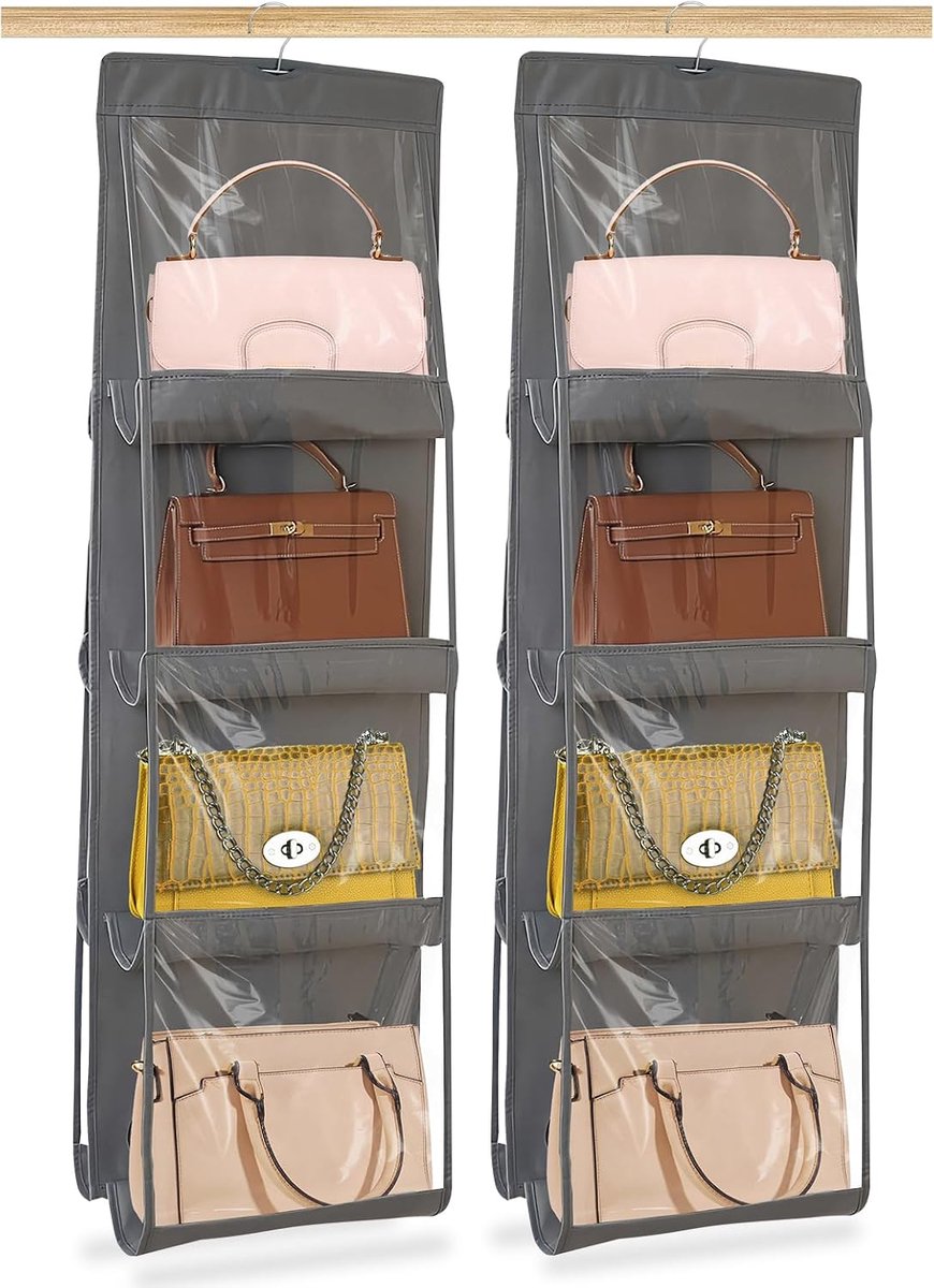 Opbergen: 2 stuks handtas-organizer hangend, opvouwbare tasorganizer hangend met 8 vakken voor handtassen, tassen, portemonnees, visuele opslag, wasbaar