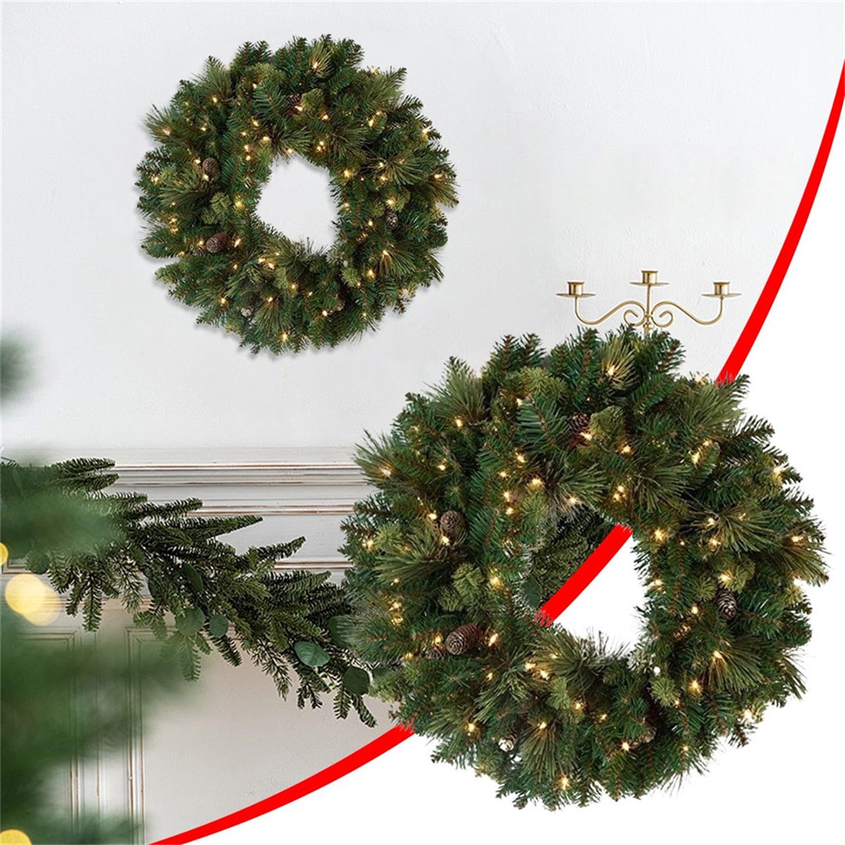 Kerstkrans – 40 cm – Kunstkrans met LED-verlichting – Feestelijke Decoratie – met Dennenappels, Bessen en Sneeuw – voor Voordeur, Ramen, Open Haard – foto 3