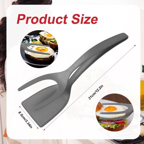 2 in 1 Eierspatel, Antiaanbaklaag Nylon Gebakken Eierdraaiers 2 in 1 Spatel en Tang voor koken Omklapbare Spateltang Grillklemflipper 2 in 1 Schep Keukengereedschap voor Toast Taart (Grijs) — afbeelding 2